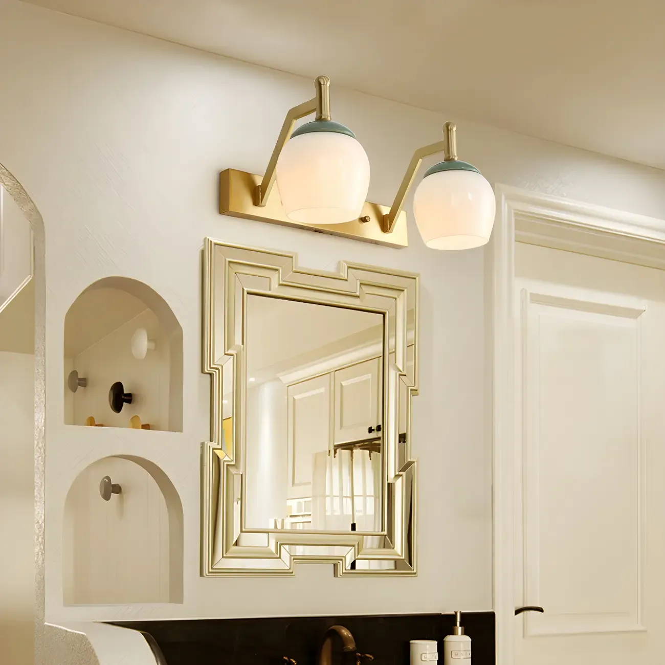 Traditional Brass Vanity Sconce with Frosted Glass for Bathroom Image - 2