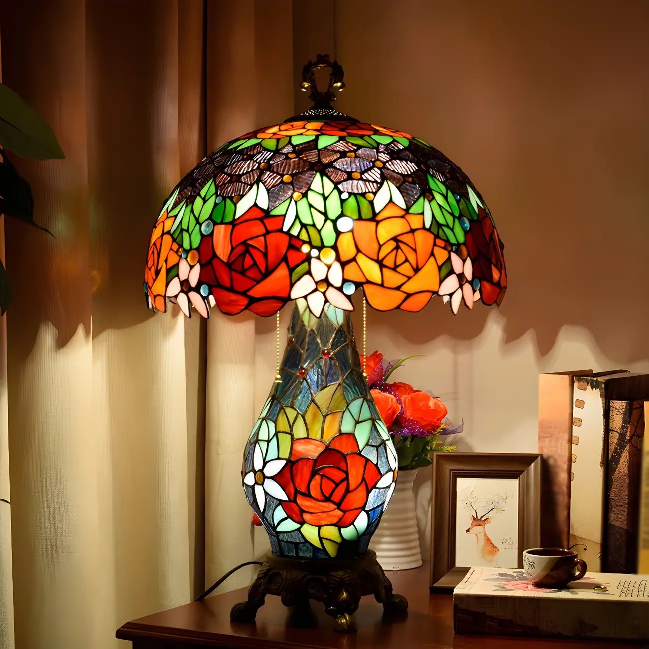 Vintage Stained Glass Rose 3-Light Dome-Shaped Table Lamp Image - 1 | homeyfad
