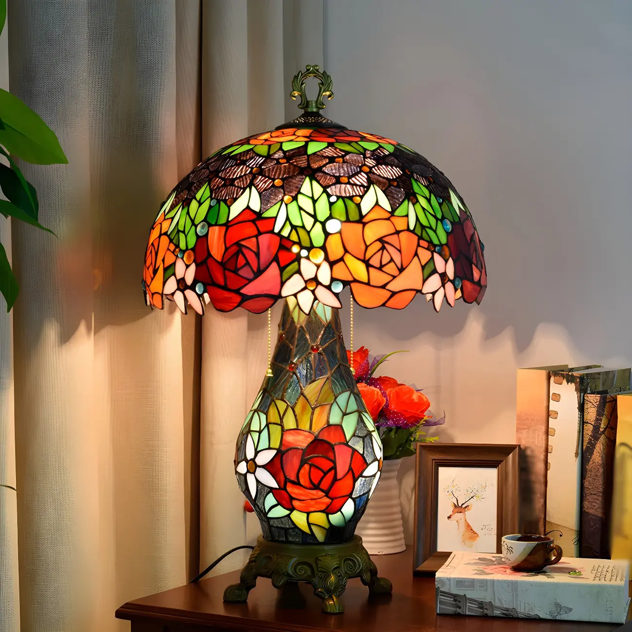 Vintage Stained Glass Rose 3-Light Dome-Shaped Table Lamp Image - 3 | homeyfad