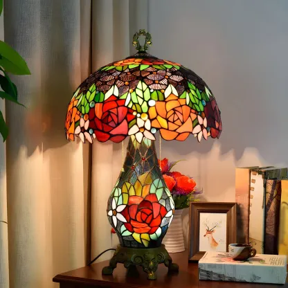 Vintage Stained Glass Rose 3-Light Dome-Shaped Table Lamp Image - 3