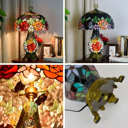 Vintage Stained Glass Rose 3-Light Dome-Shaped Table Lamp Image - 2
