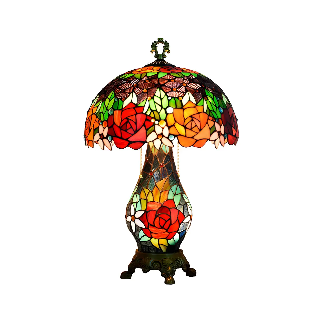 Vintage Stained Glass Rose 3-Light Dome-Shaped Table Lamp Image - 5 | homeyfad