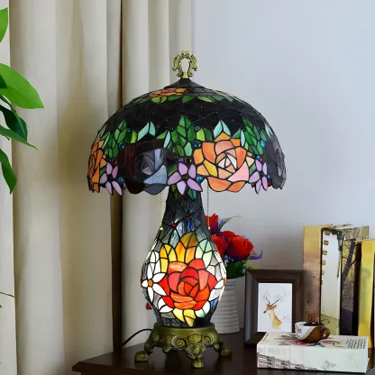 Vintage Stained Glass Rose 3-Light Dome-Shaped Table Lamp Image - 4