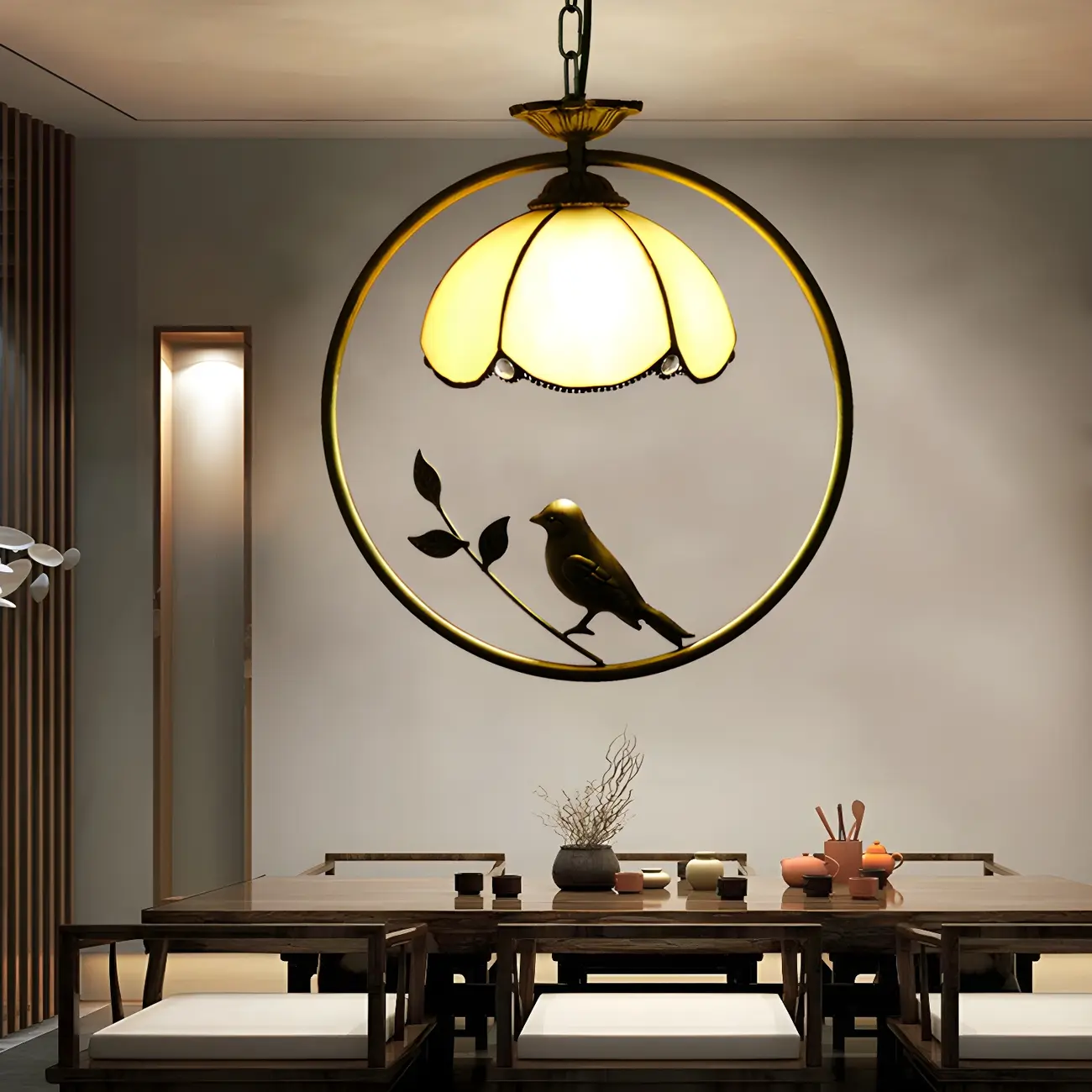 Tiffany Stained Glass Rattan Pendant Light Fixture Image - 1 | homeyfad