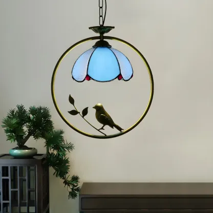 Tiffany Stained Glass Rattan Pendant Light Fixture Image - 4