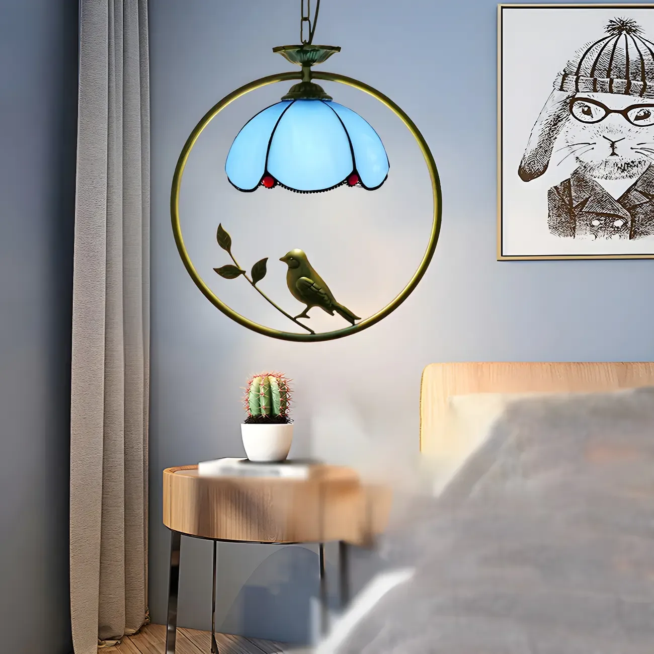 Tiffany Stained Glass Rattan Pendant Light Fixture Image - 6