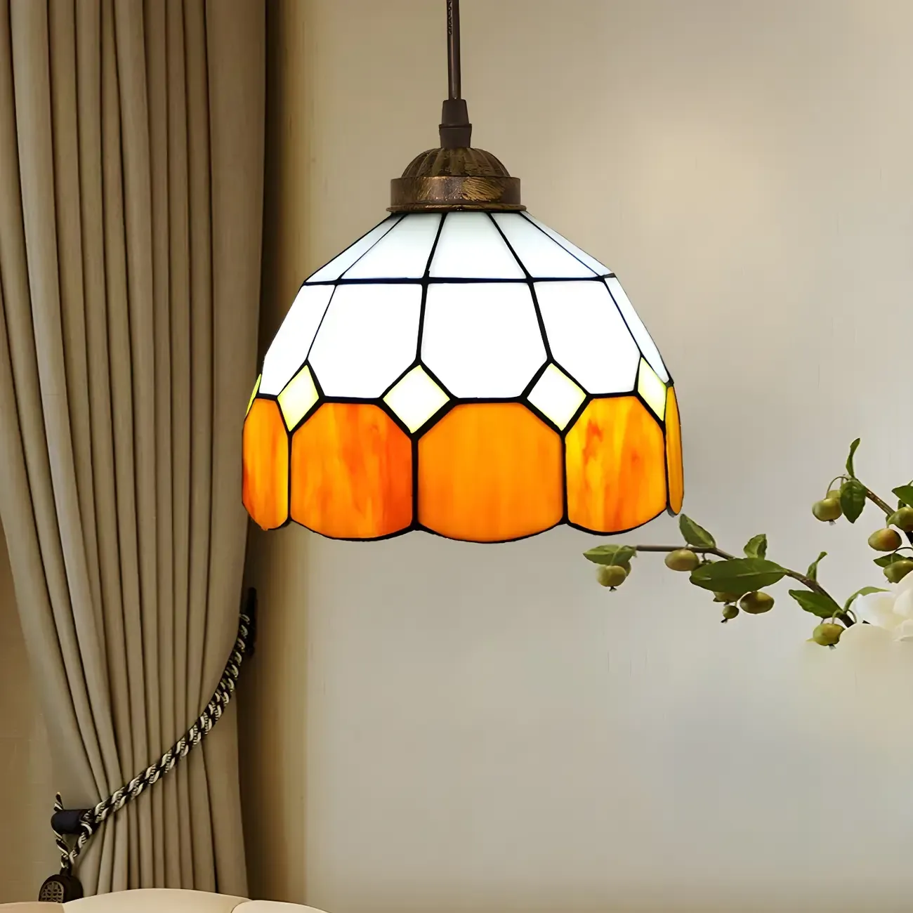 Tiffany Stained Glass Rattan Pendant Light Fixture Image - 11