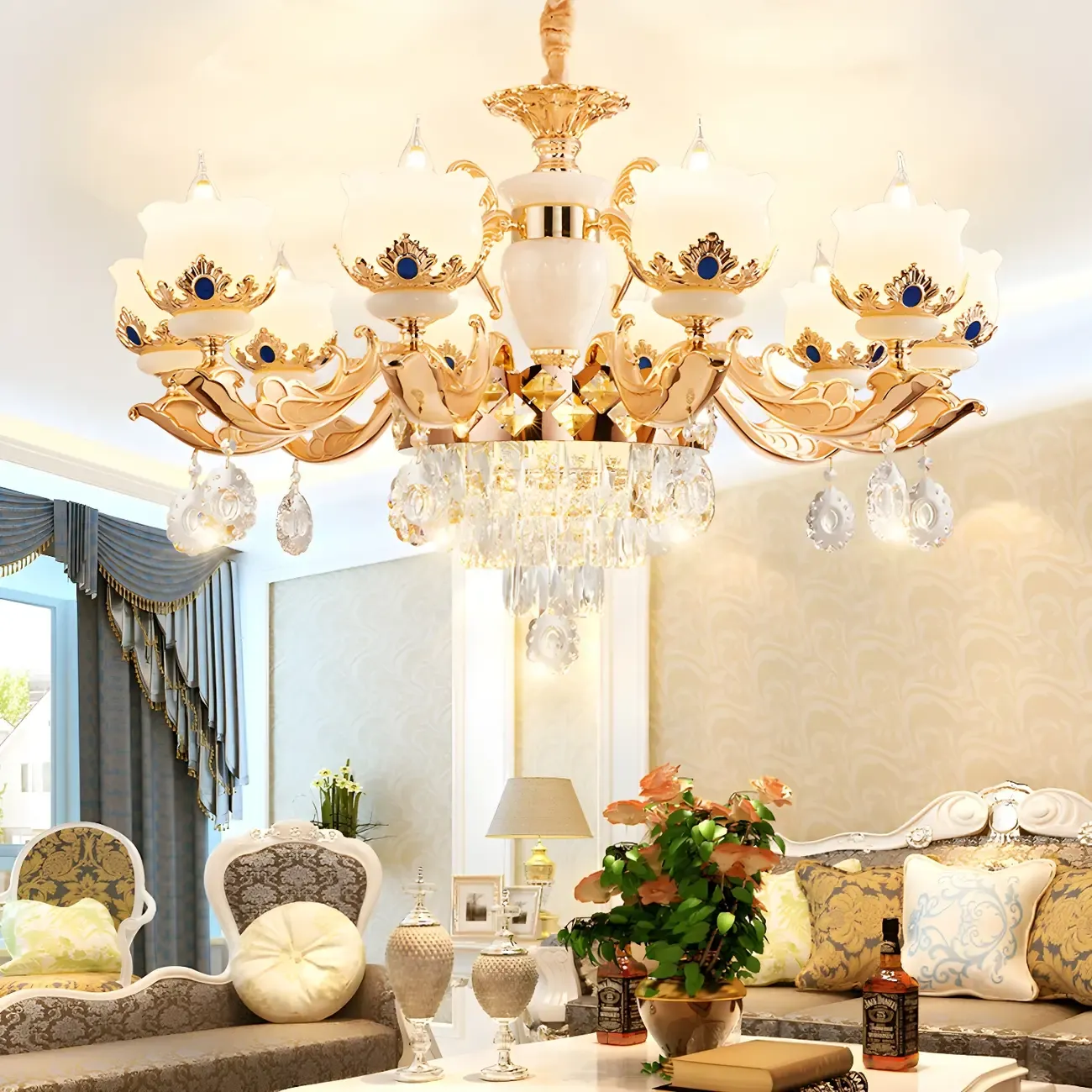 Gold Crystal Classic Glass Chandelier with Beads