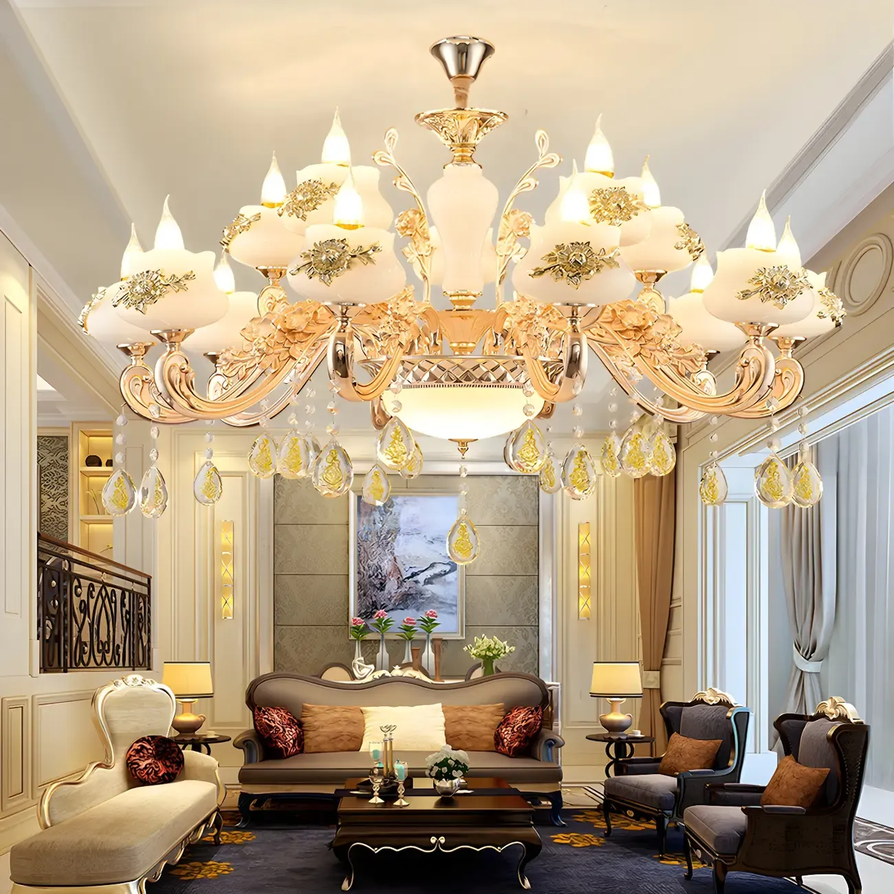 Living Room Gold Floral Glass Shape Chandelier Light with Crystal Pendant