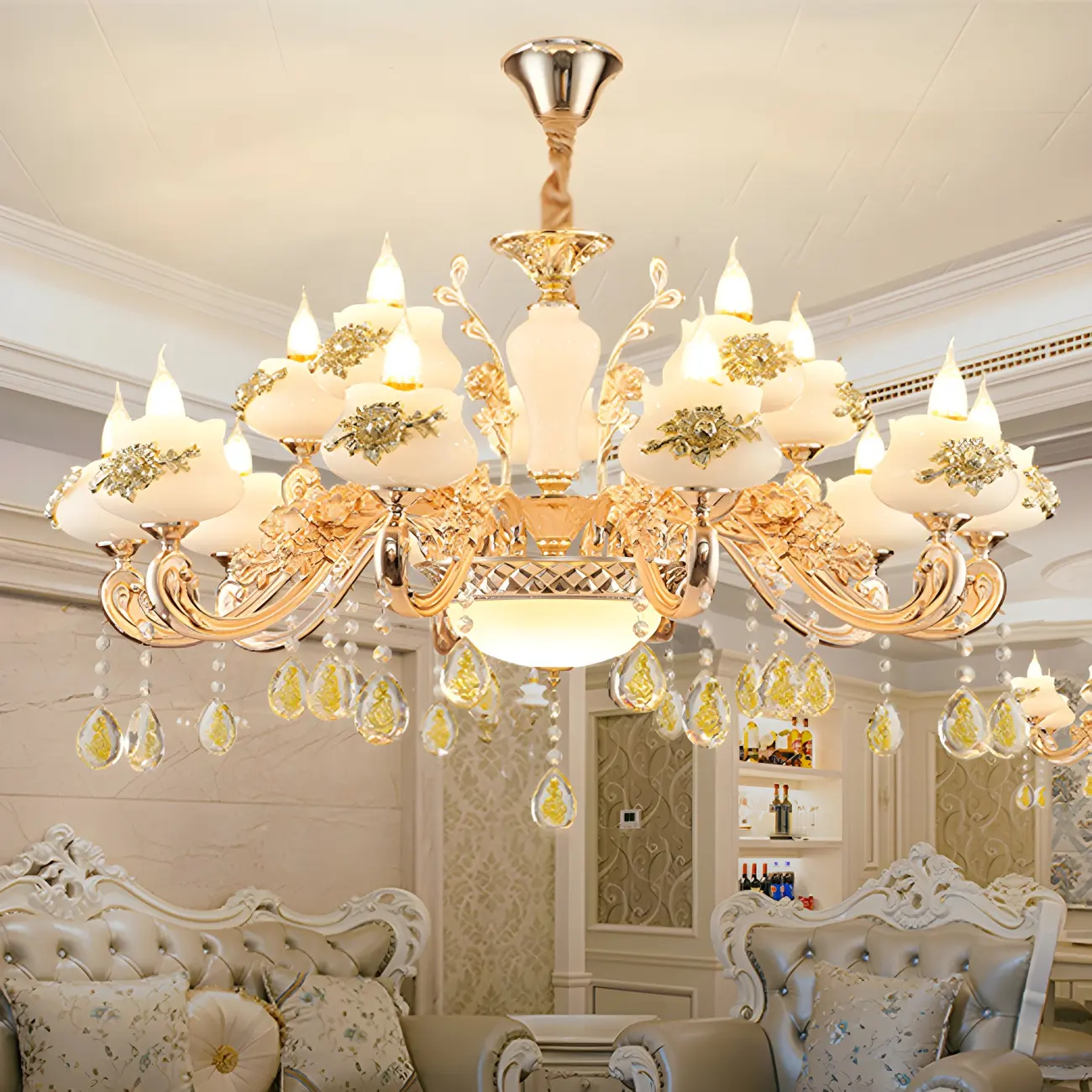 Living Room Gold Floral Glass Shape Chandelier Light with Crystal Pendant | homeyfad