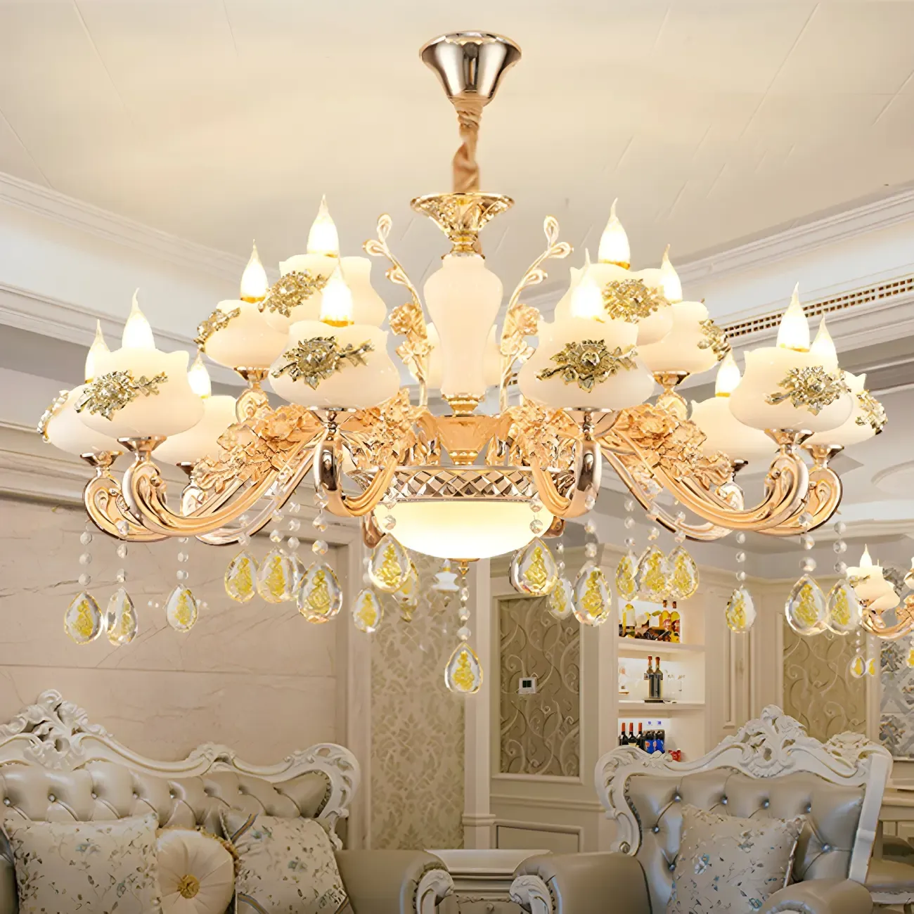 Living Room Gold Floral Glass Shape Chandelier Light with Crystal Pendant