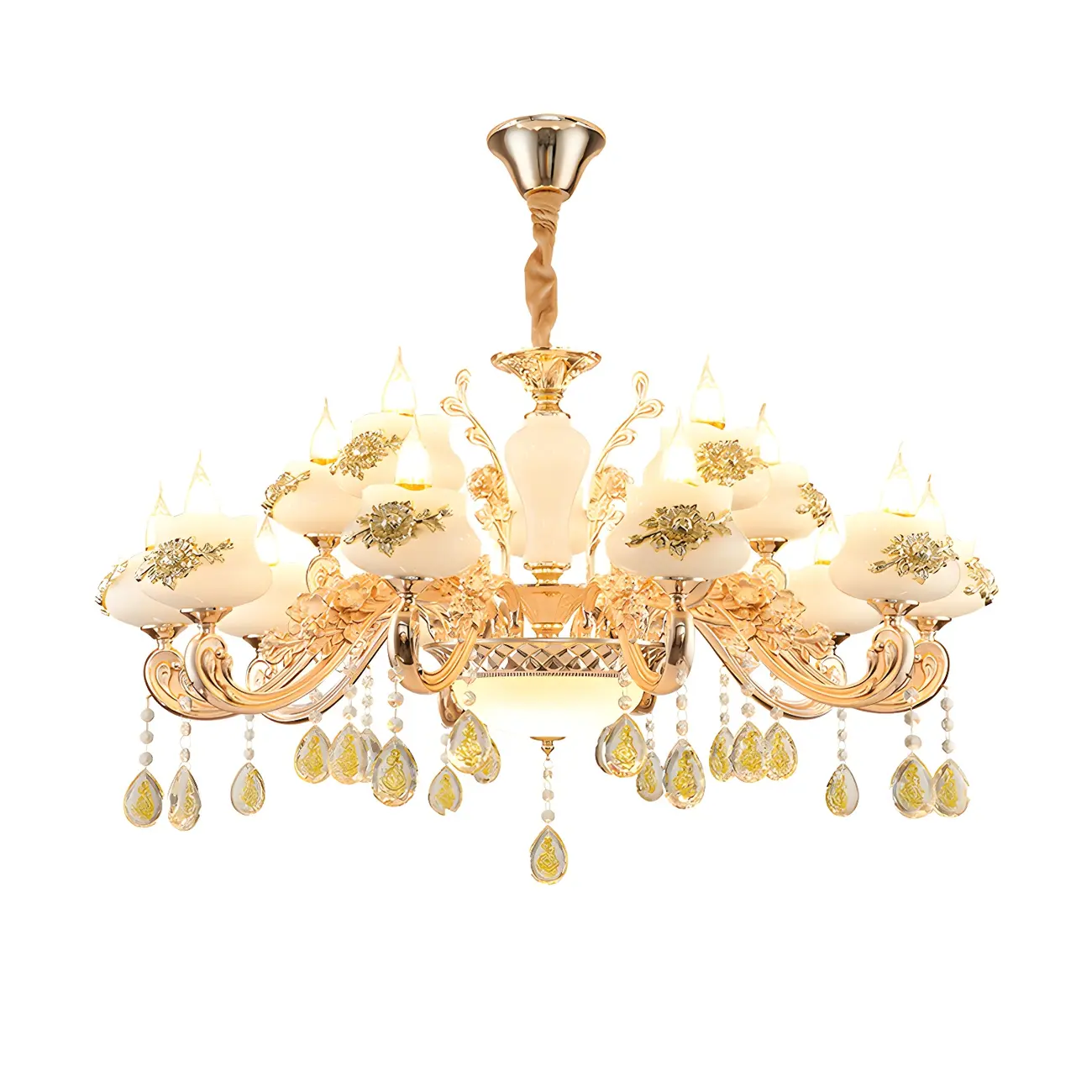 Living Room Gold Floral Glass Shape Chandelier Light with Crystal Pendant | homeyfad