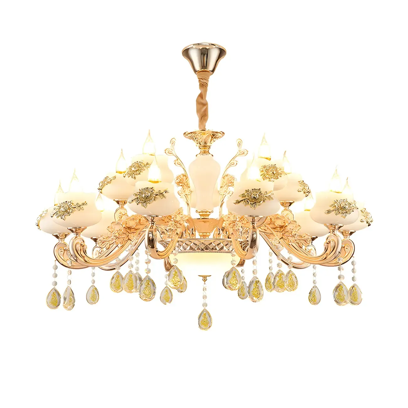 Living Room Gold Floral Glass Shape Chandelier Light with Crystal Pendant