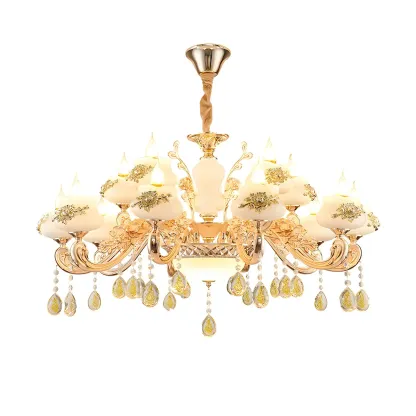 Living Room Gold Floral Glass Shape Chandelier Light with Crystal Pendant