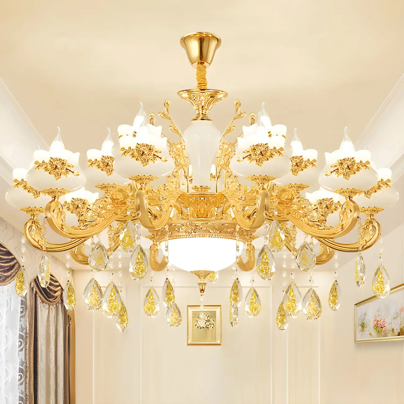 Living Room Gold Floral Glass Shape Chandelier Light with Crystal Pendant | homeyfad