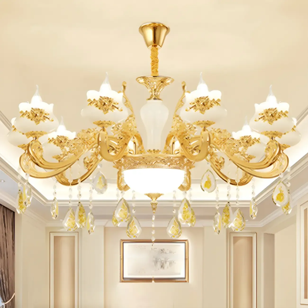 Living Room Gold Floral Glass Shape Chandelier Light with Crystal Pendant