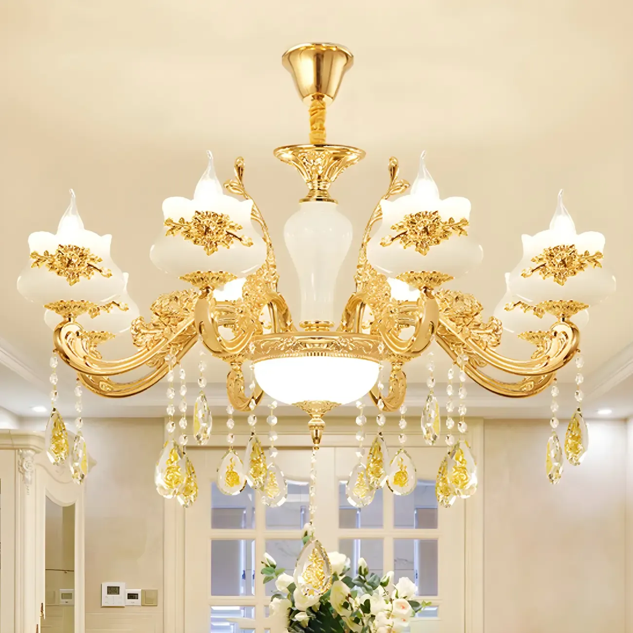 Living Room Gold Floral Glass Shape Chandelier Light with Crystal Pendant