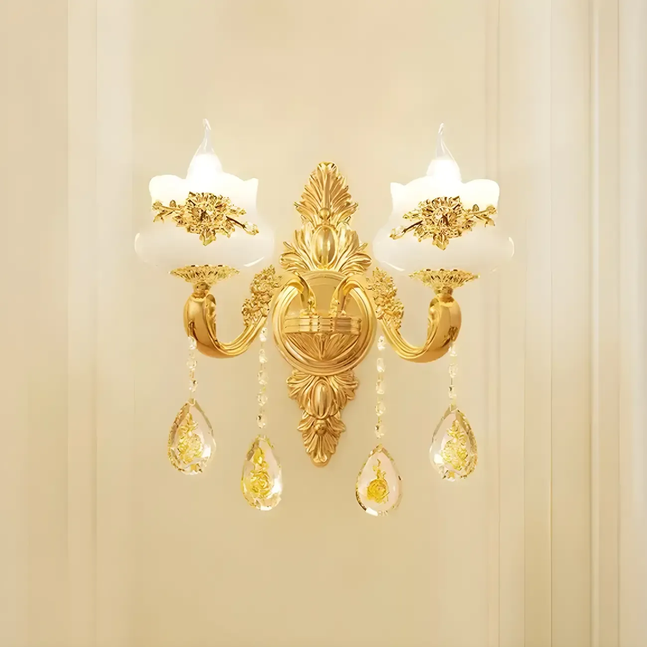 Living Room Gold Floral Glass Shape Chandelier Light with Crystal Pendant