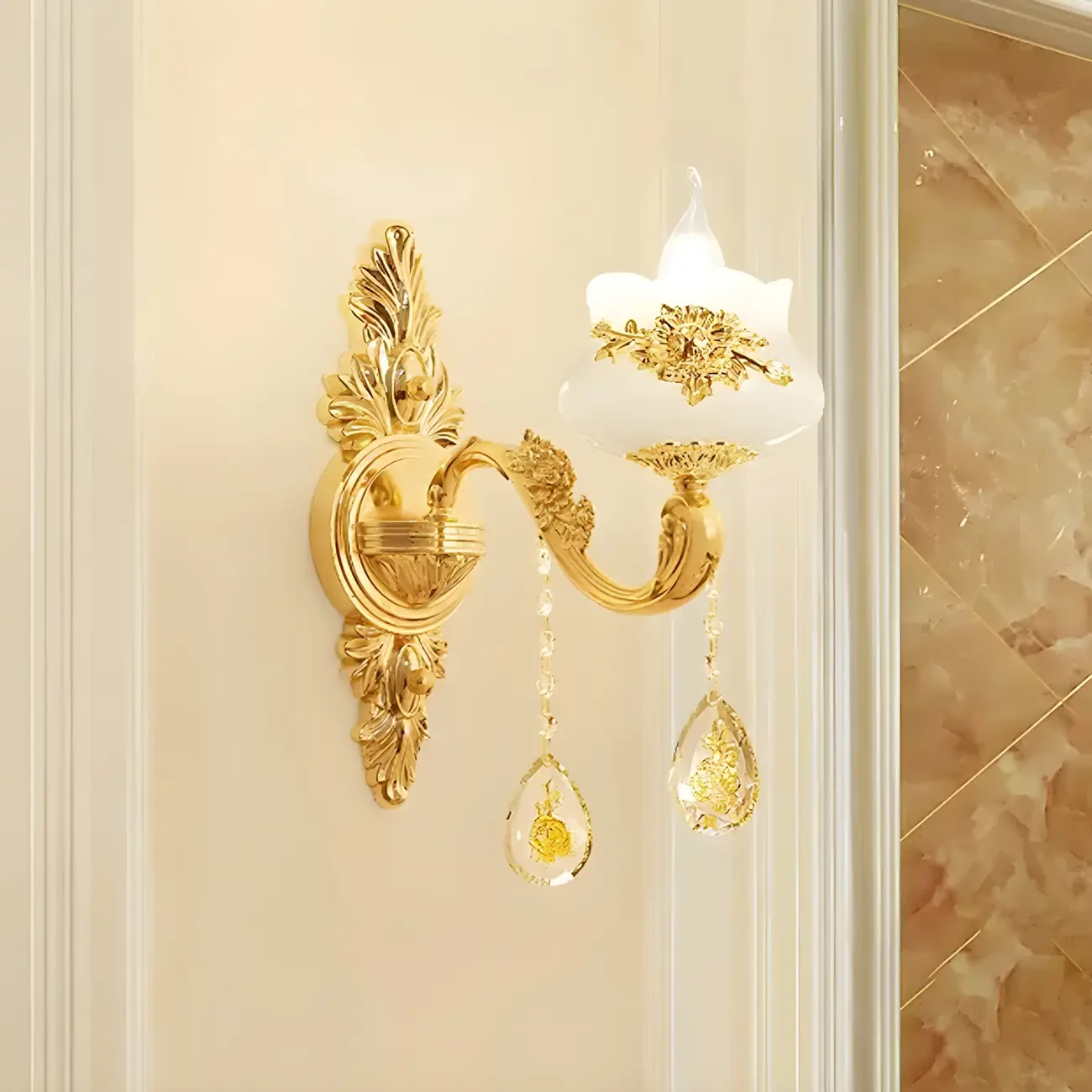 Living Room Gold Floral Glass Shape Chandelier Light with Crystal Pendant | homeyfad