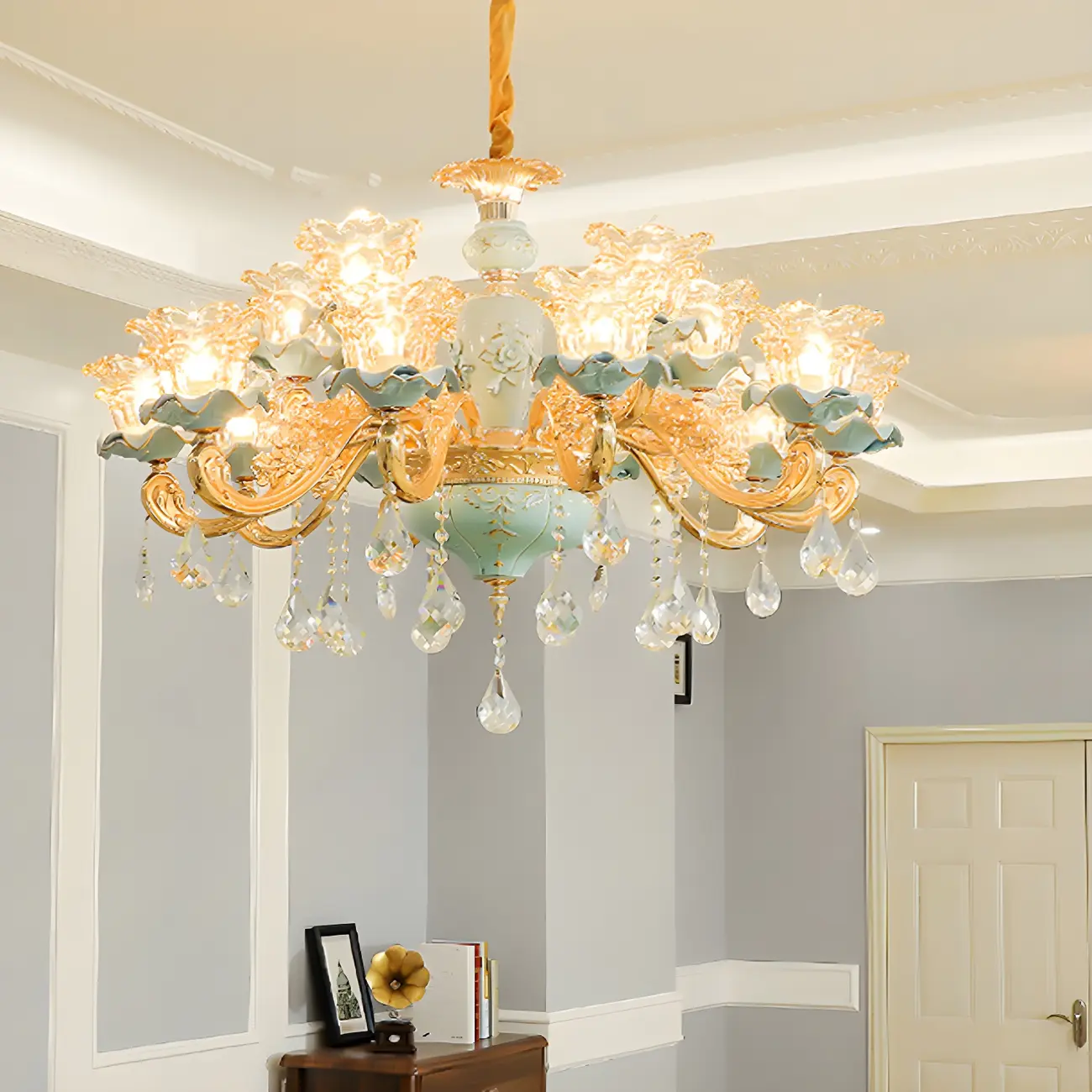 Vintage Living Room Gold Glass Flower Shape Crystal Pendant Chandelier | homeyfad