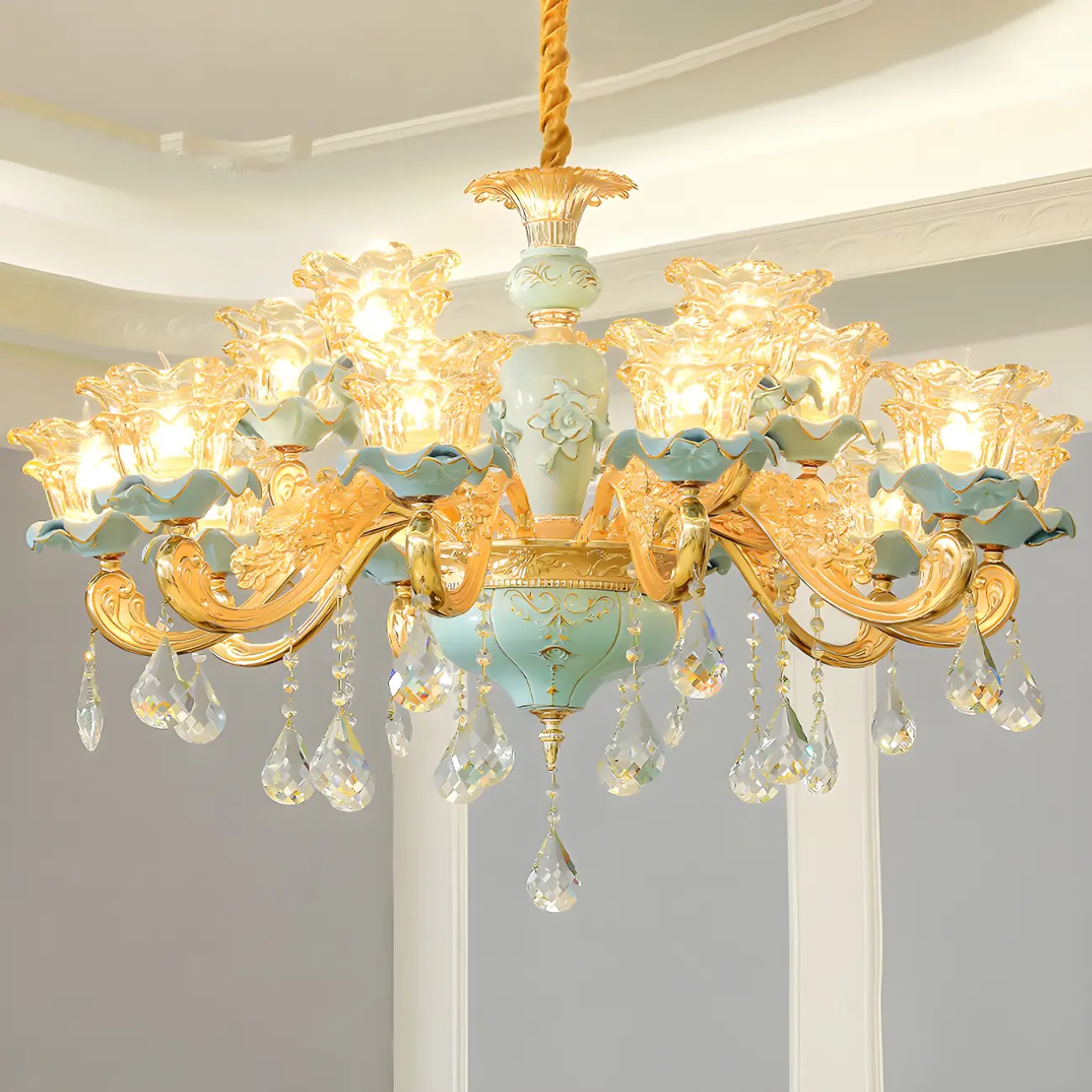 Vintage Living Room Gold Glass Flower Shape Crystal Pendant Chandelier Image - 2 | homeyfad