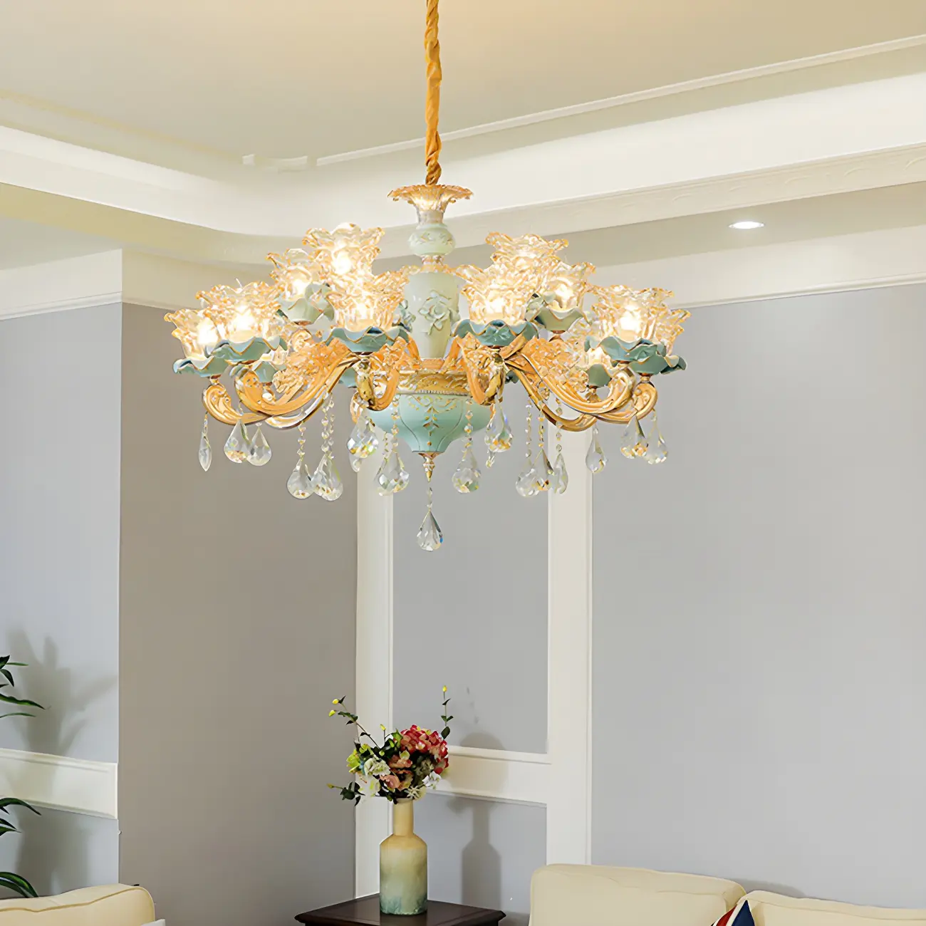 Vintage Living Room Gold Glass Flower Shape Crystal Pendant Chandelier Image - 3 | homeyfad
