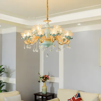 Vintage Living Room Gold Glass Flower Shape Crystal Pendant Chandelier
