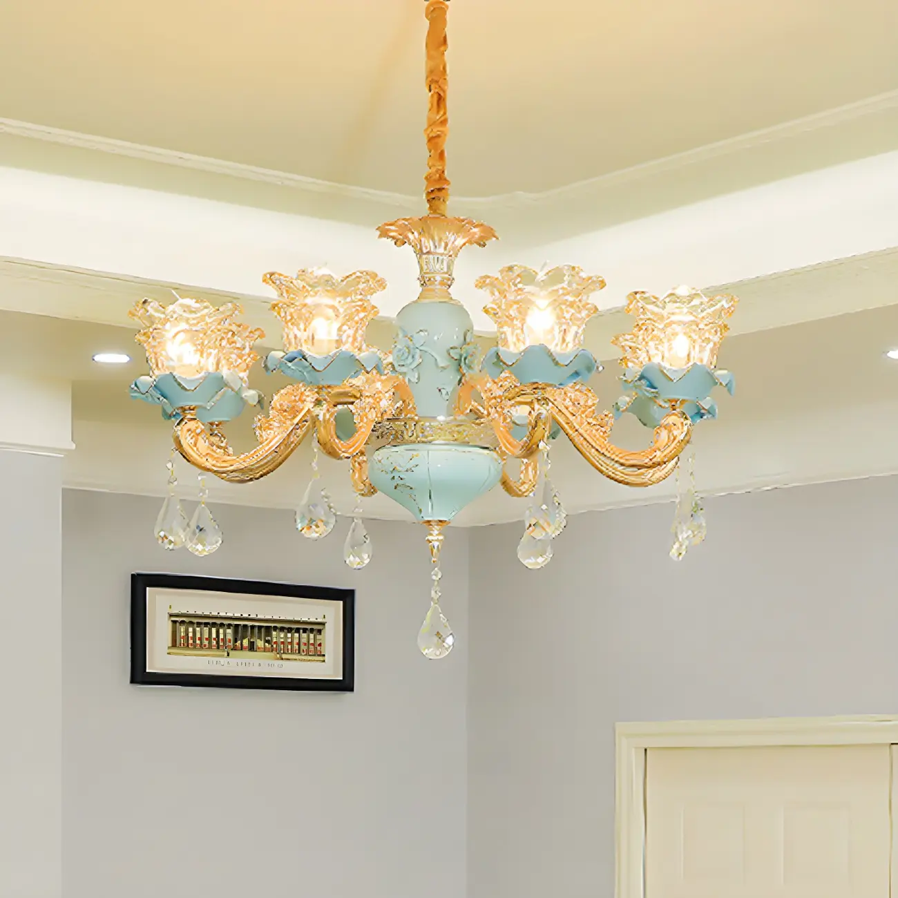 Vintage Living Room Gold Glass Flower Shape Crystal Pendant Chandelier | homeyfad