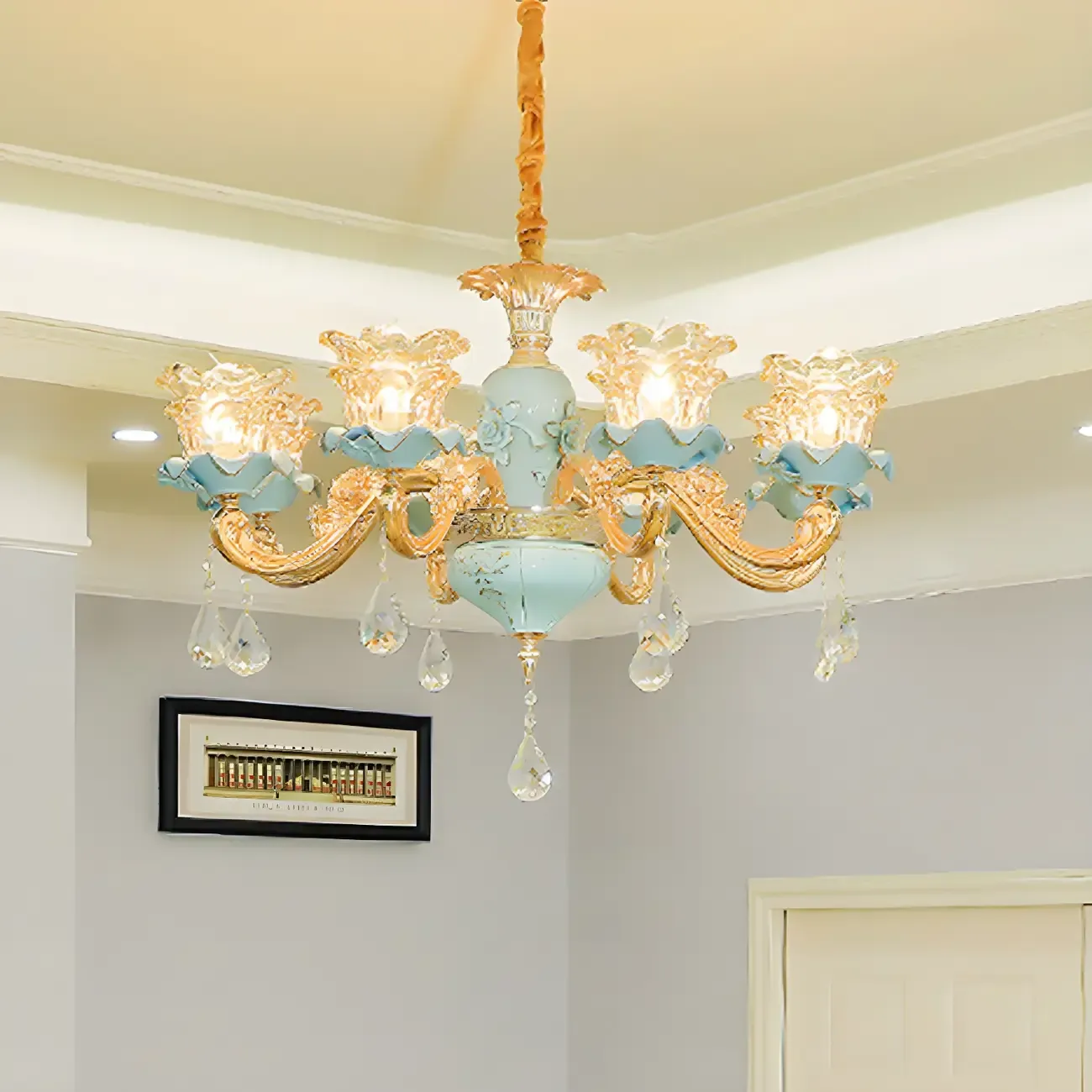 Vintage Living Room Gold Glass Flower Shape Crystal Pendant Chandelier