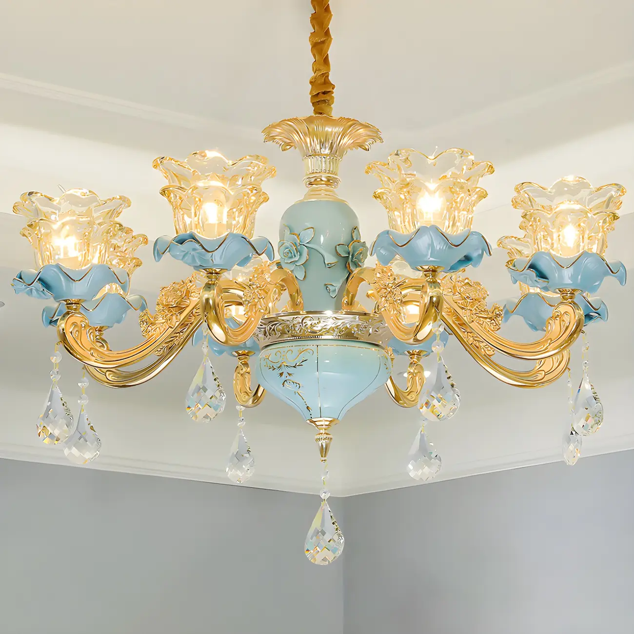 Vintage Living Room Gold Glass Flower Shape Crystal Pendant Chandelier | homeyfad