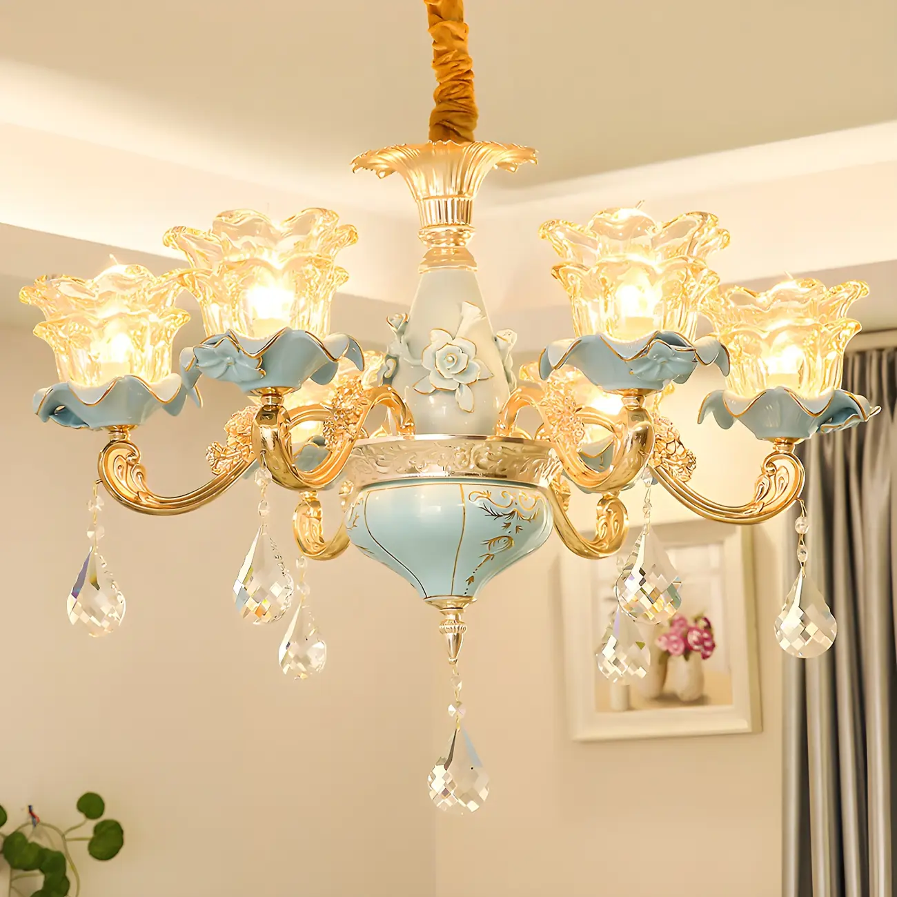 Vintage Living Room Gold Glass Flower Shape Crystal Pendant Chandelier Image - 9 | homeyfad