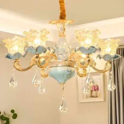Vintage Living Room Gold Glass Flower Shape Crystal Pendant Chandelier