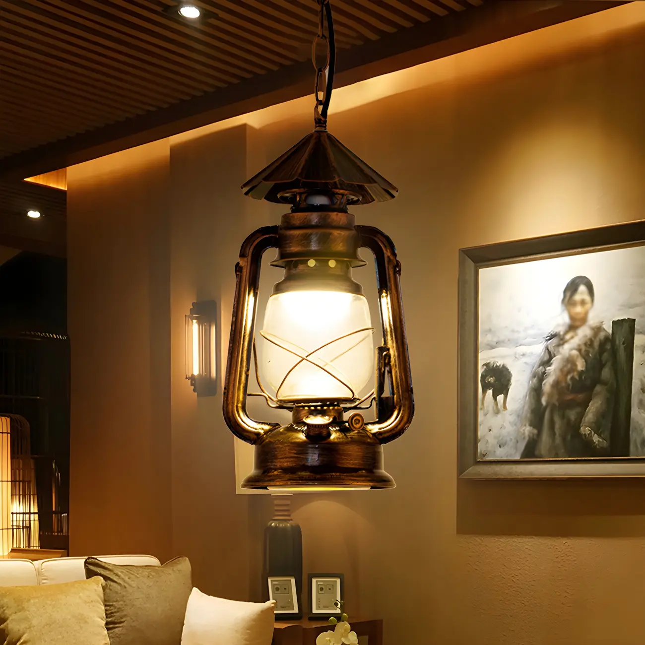 Industrial Bronze Black LED Hanging Lantern Pendant Light Image - 1 | homeyfad