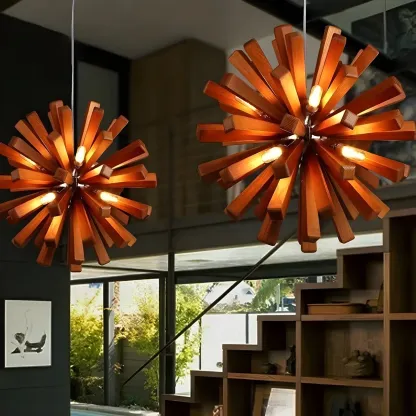 10-Light Modern Dark Wood Round Starburst Chandelier Image - 1