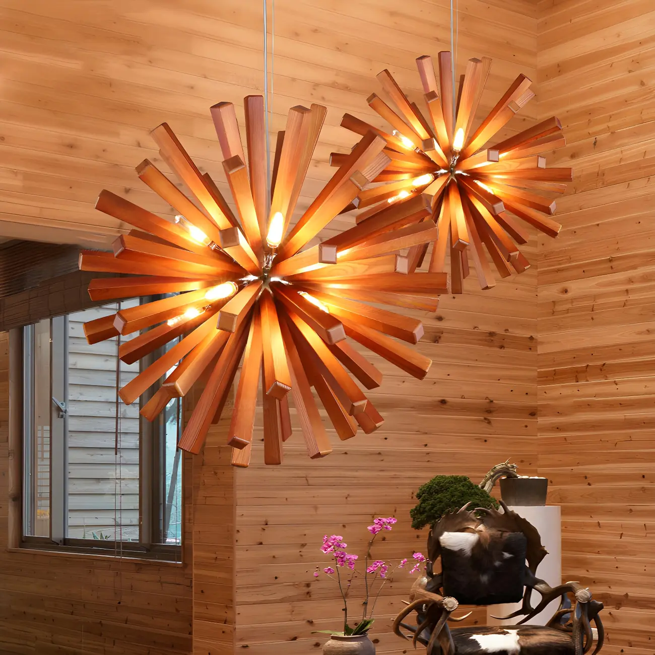 10-Light Modern Dark Wood Round Starburst Chandelier Image - 3 | homeyfad