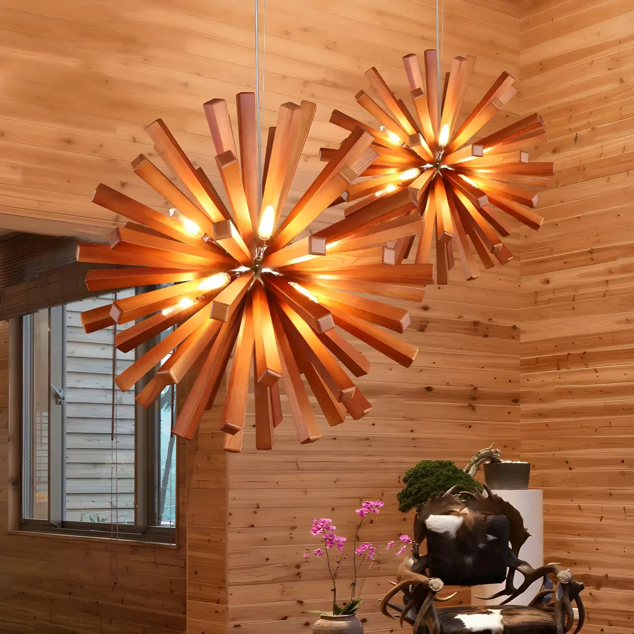 10-Light Modern Dark Wood Round Starburst Chandelier Image - 3