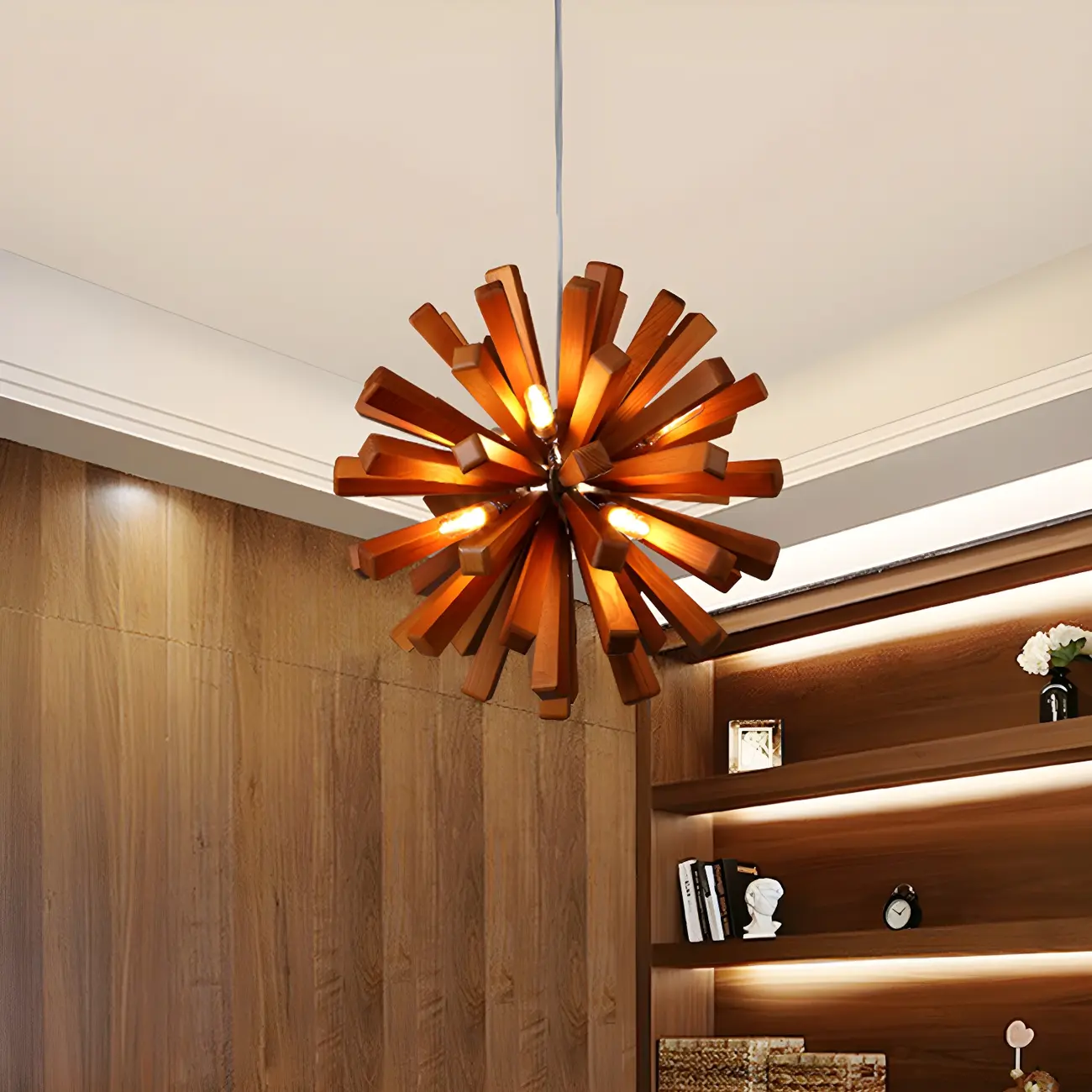 10-Light Modern Dark Wood Round Starburst Chandelier Image - 4 | homeyfad