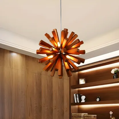 10-Light Modern Dark Wood Round Starburst Chandelier Image - 4