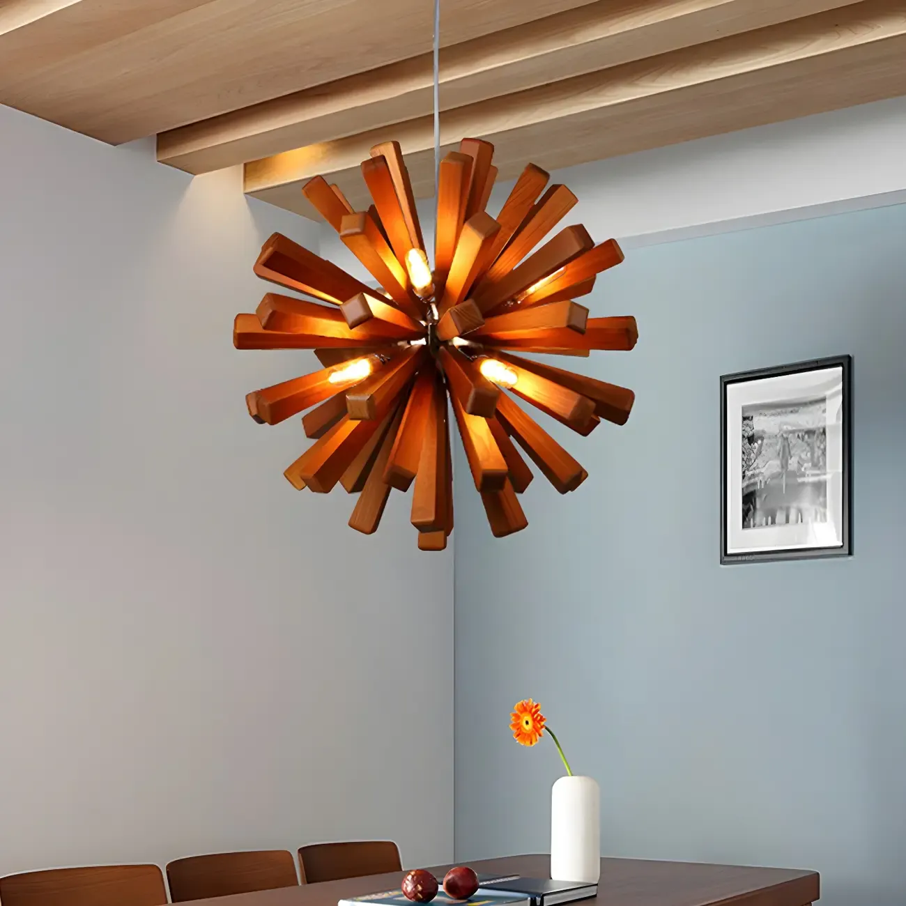 10-Light Modern Dark Wood Round Starburst Chandelier Image - 5
