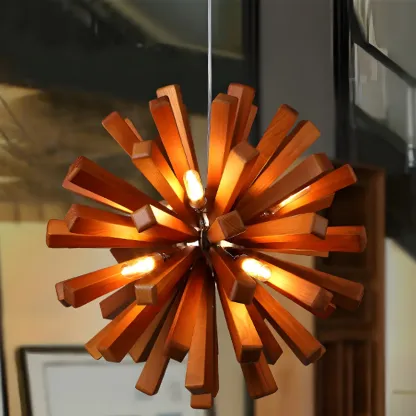 10-Light Modern Dark Wood Round Starburst Chandelier Image - 6