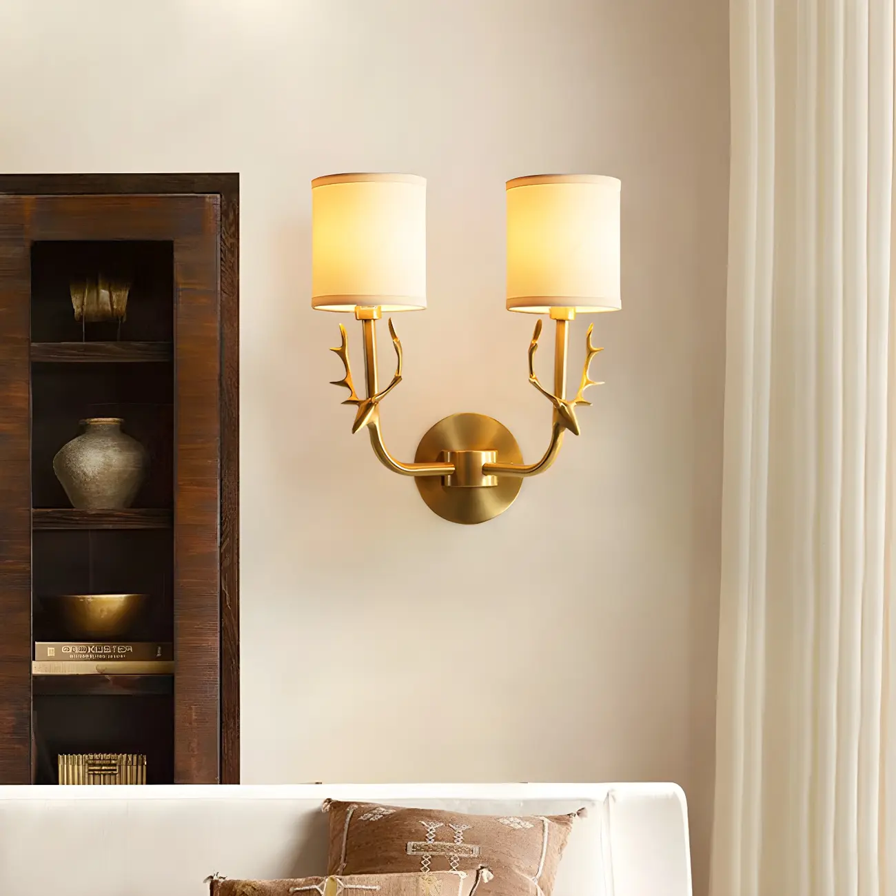 Vintage Antler Brass Wall Sconce with 2 Lights & Fabric Shade | homeyfad