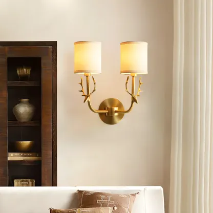 Vintage Antler Brass Wall Sconce with 2 Lights & Fabric Shade
