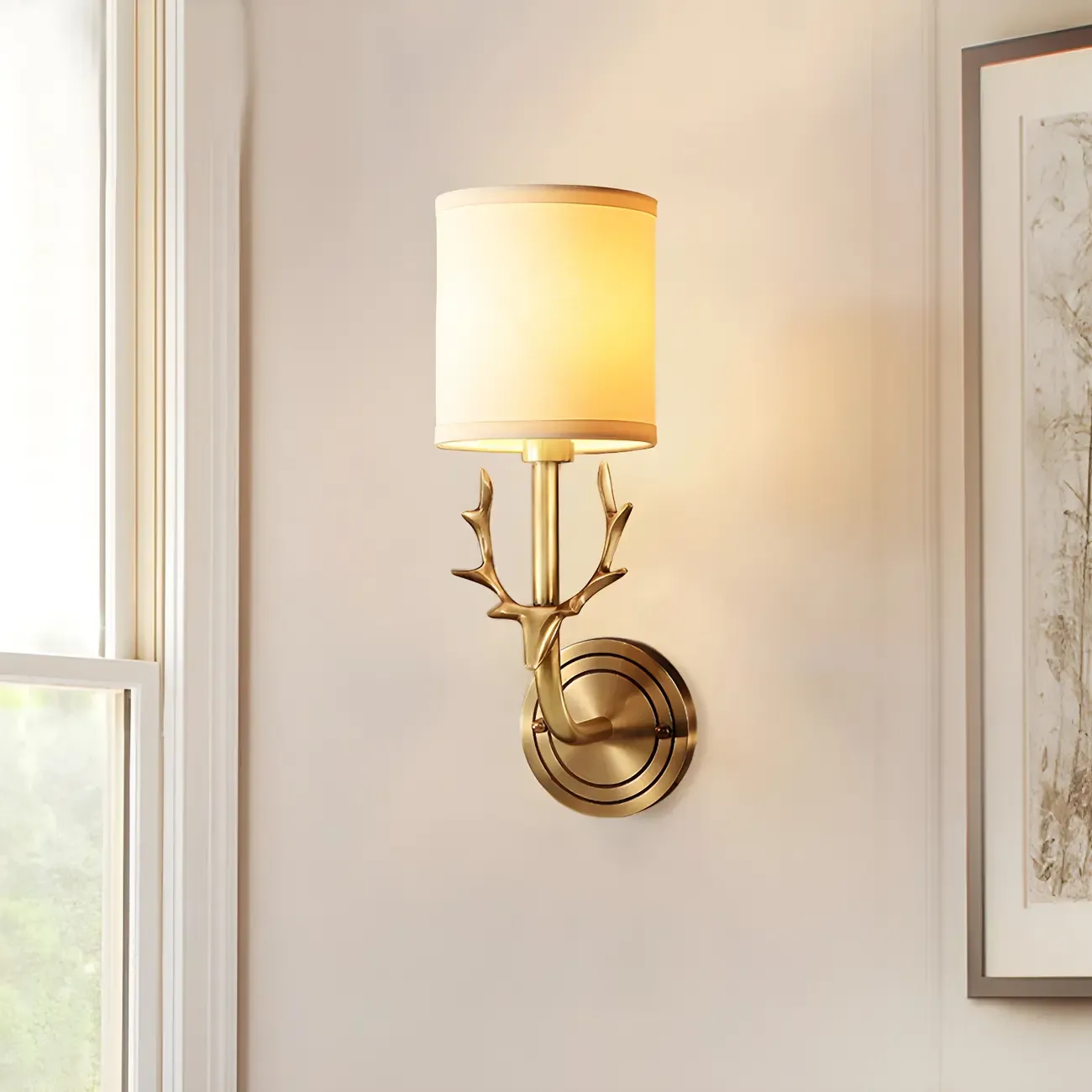Vintage Antler Brass Wall Sconce with 2 Lights & Fabric Shade
