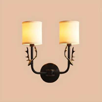Vintage Antler Brass Wall Sconce with 2 Lights & Fabric Shade