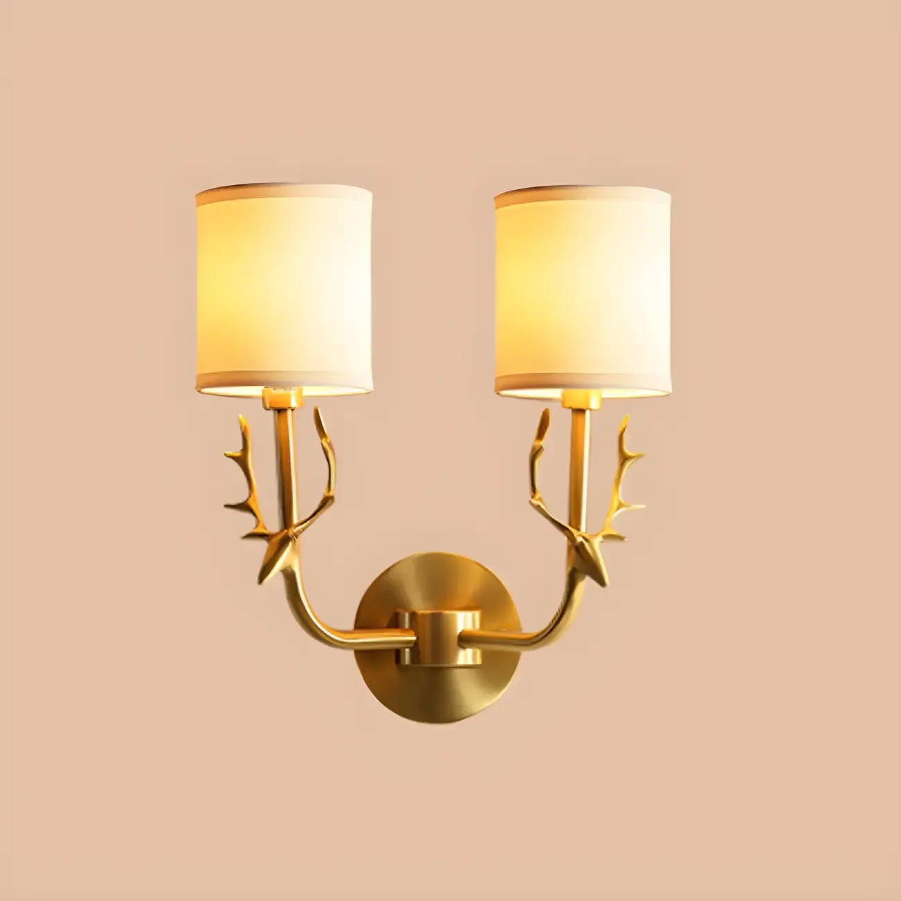 Vintage Antler Brass Wall Sconce with 2 Lights & Fabric Shade