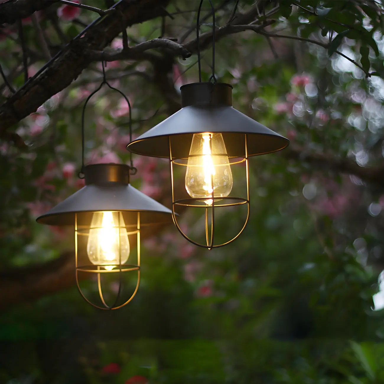 Iron Cone Solar Suspension Lighting Artistic Black LED Pendant Light with Cage and Handle, 2 Pcs Image - 2 | homeyfad