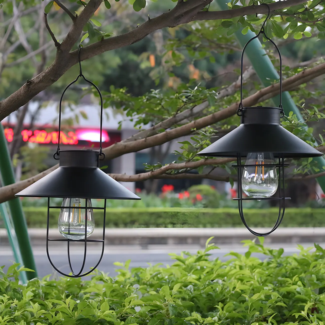 Iron Cone Solar Suspension Lighting Artistic Black LED Pendant Light with Cage and Handle, 2 Pcs Image - 4 | homeyfad