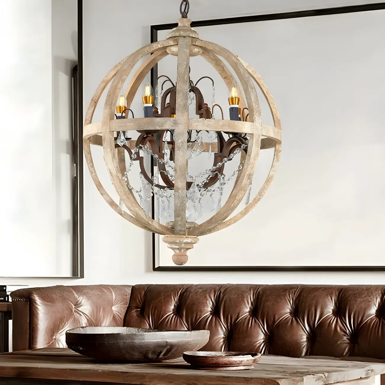 Traditional Vintage Crystal Wood Orb Chandelier Image - 1