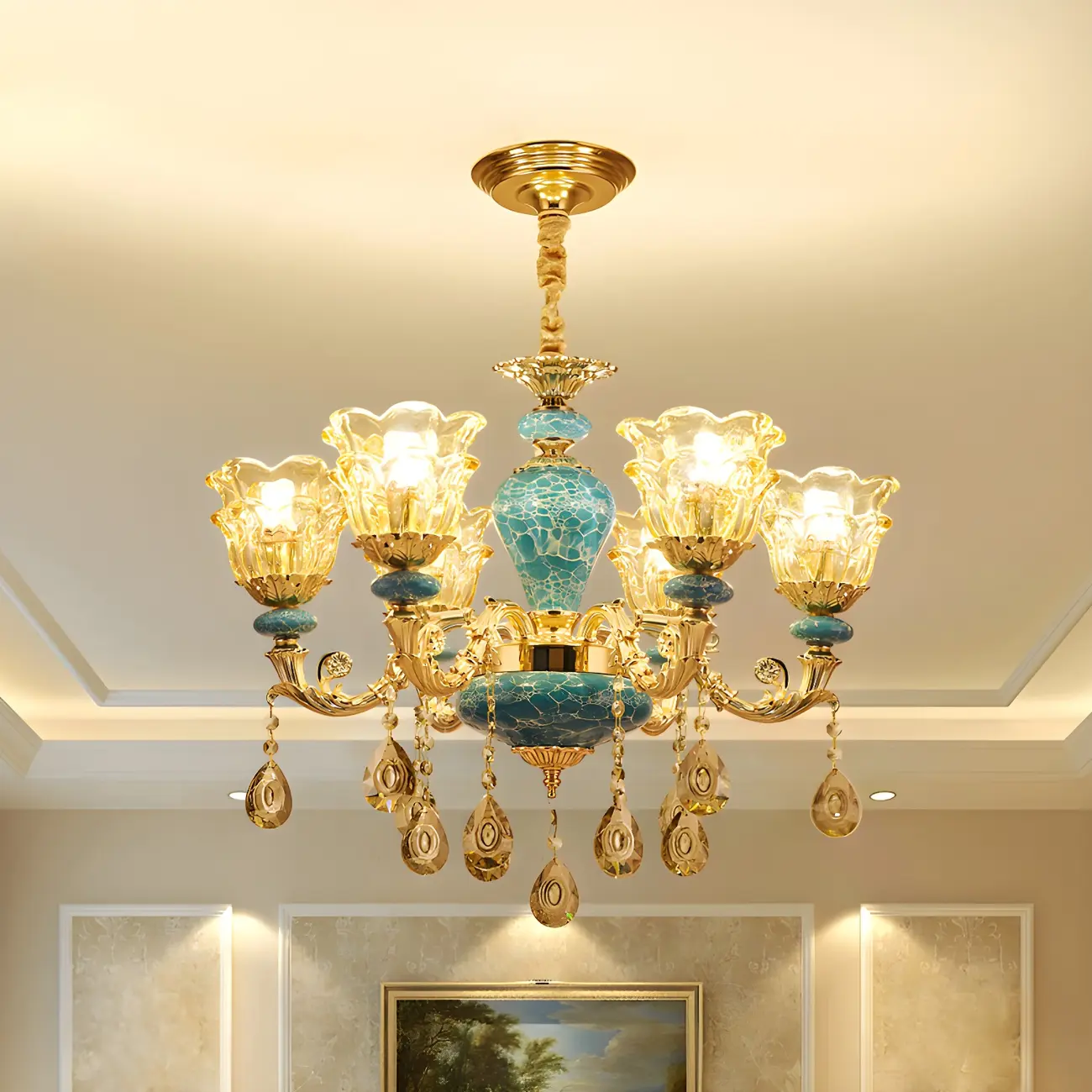 Traditional Gold Blue Glass Floral Up Crystal Chandelier Image - 1 | homeyfad