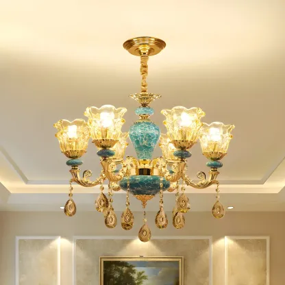 Traditional Gold Blue Glass Floral Up Crystal Chandelier Image - 1